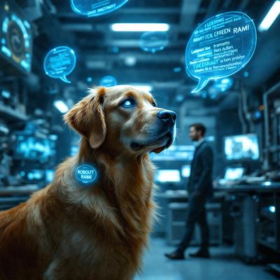 The primary subject of the image is a large, light-colored dog with blue eyes. The dog is standing in a room with a man in a suit standing nearby. The room appears to be a futuristic setting with a lot of screens and technology. The visual style of the image is a combination of photo and digital art, creating a unique and interesting scene. The colors and mood of the image are predominantly blue and futuristic, giving the impression of a high-tech environment.